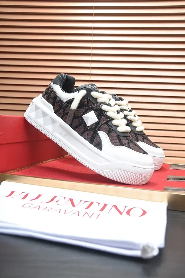 Valentino Brown White Monogrammed Textile Upper Geometric Pyramid Stud Chunky Sneakers 8