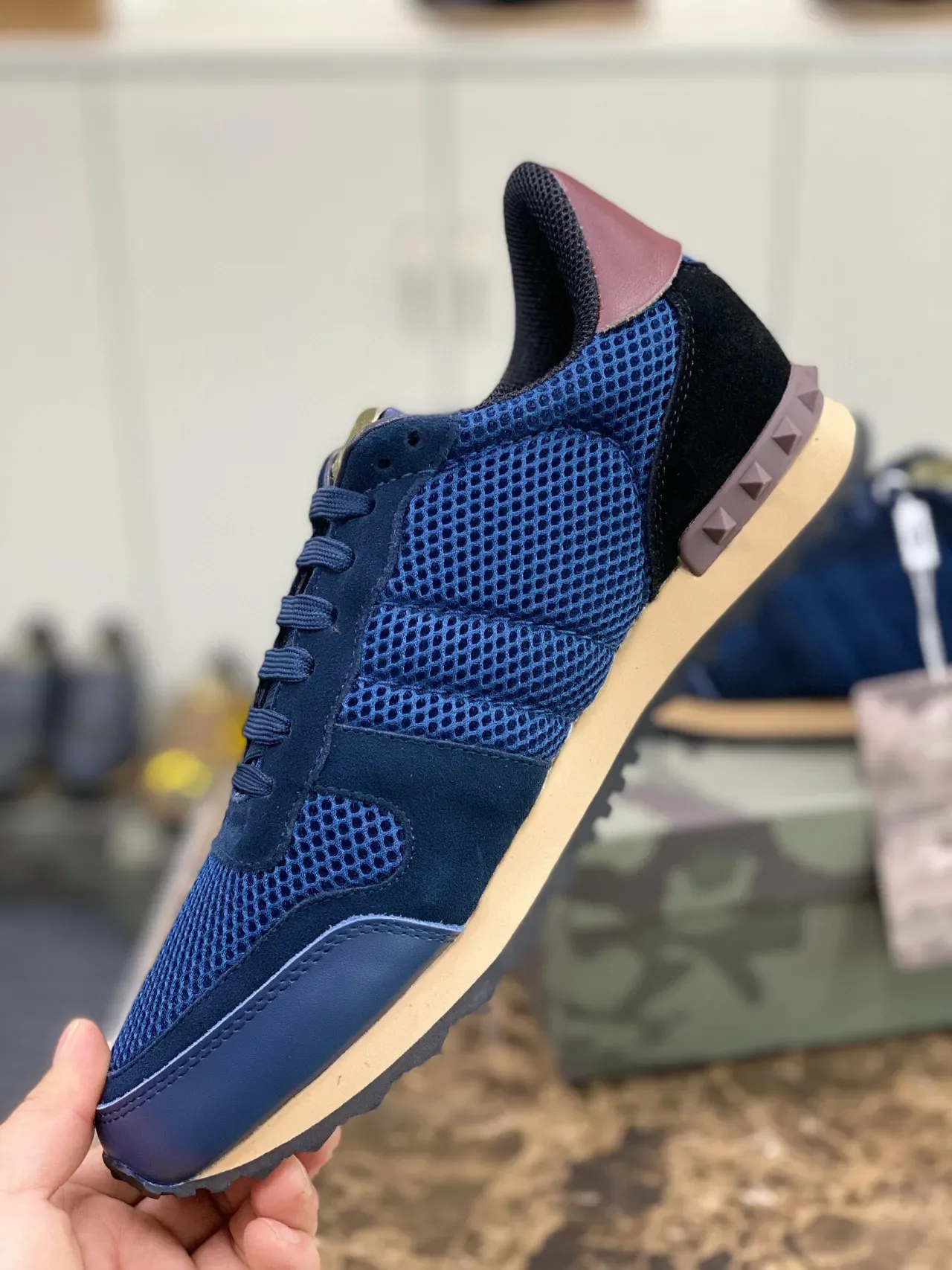 Valentino Navy Burgundy Mesh-Suede Hybrid Upper Pyramid Stud Heel Detail Lifestyle Sneakers 2