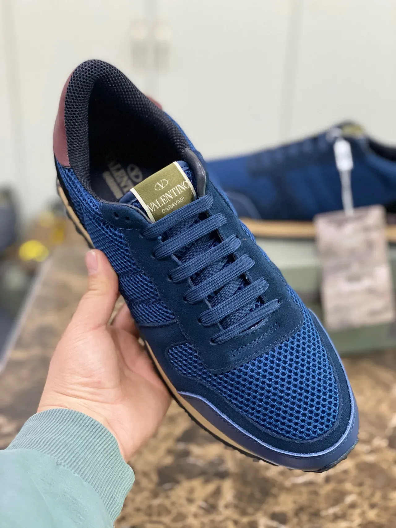 Valentino Navy Burgundy Mesh-Suede Hybrid Upper Pyramid Stud Heel Detail Lifestyle Sneakers 3