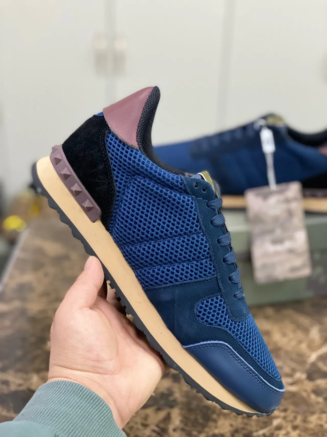 Valentino Navy Burgundy Mesh-Suede Hybrid Upper Pyramid Stud Heel Detail Lifestyle Sneakers 4