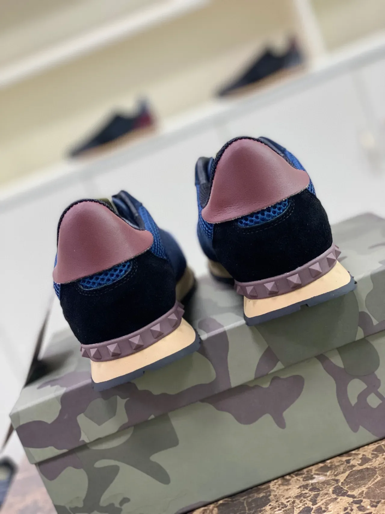 Valentino Navy Burgundy Mesh-Suede Hybrid Upper Pyramid Stud Heel Detail Lifestyle Sneakers 5