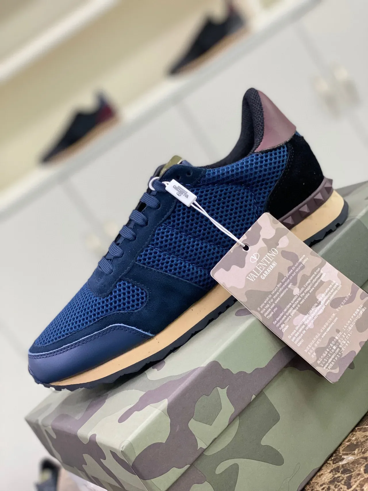 Valentino Navy Burgundy Mesh-Suede Hybrid Upper Pyramid Stud Heel Detail Lifestyle Sneakers 6
