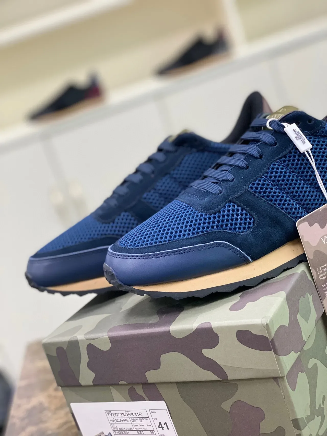 Valentino Navy Burgundy Mesh-Suede Hybrid Upper Pyramid Stud Heel Detail Lifestyle Sneakers 7