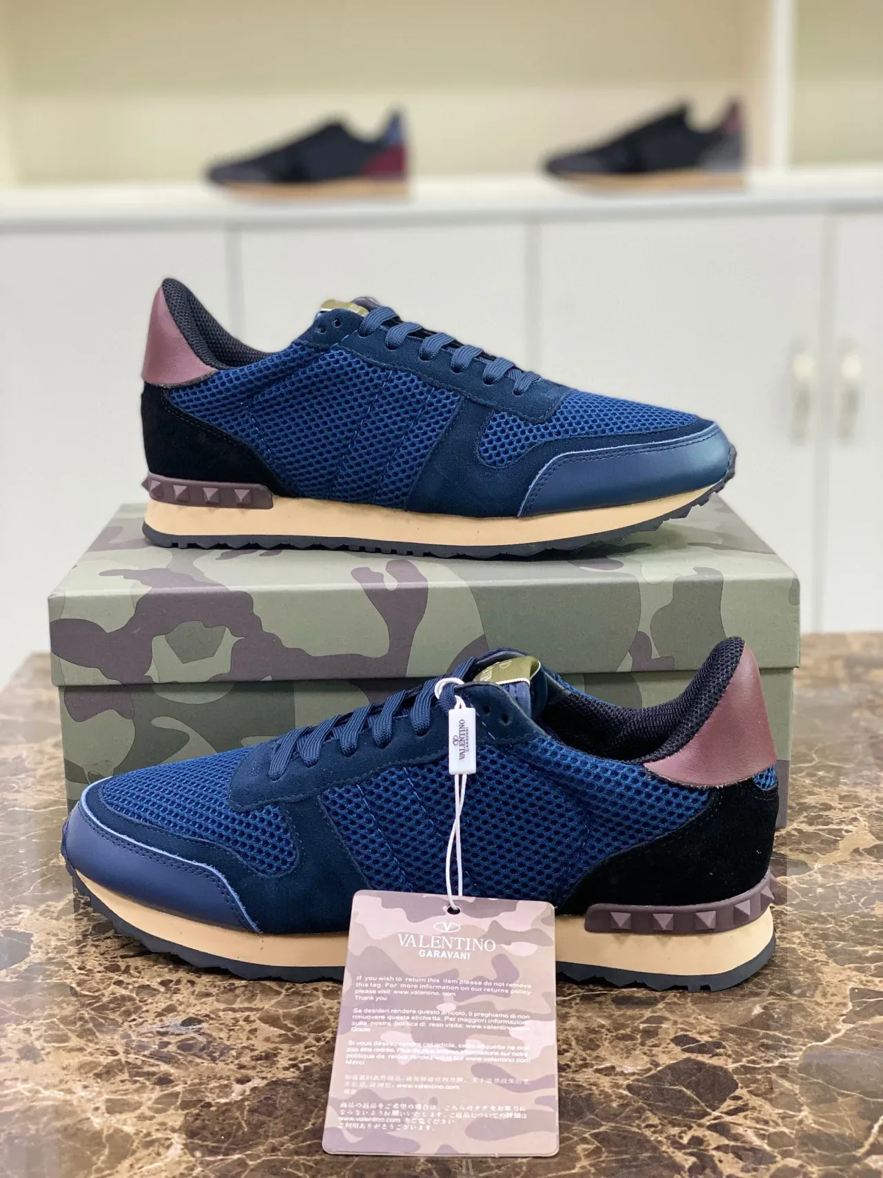 Valentino Navy Burgundy Mesh-Suede Hybrid Upper Pyramid Stud Heel Detail Lifestyle Sneakers 8