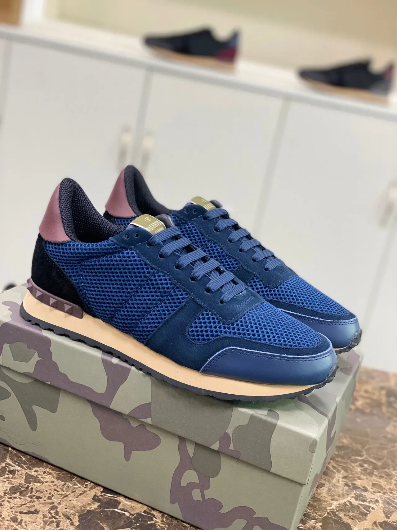 Valentino Navy Burgundy Mesh-Suede Hybrid Upper Pyramid Stud Heel Detail Lifestyle Sneakers 9