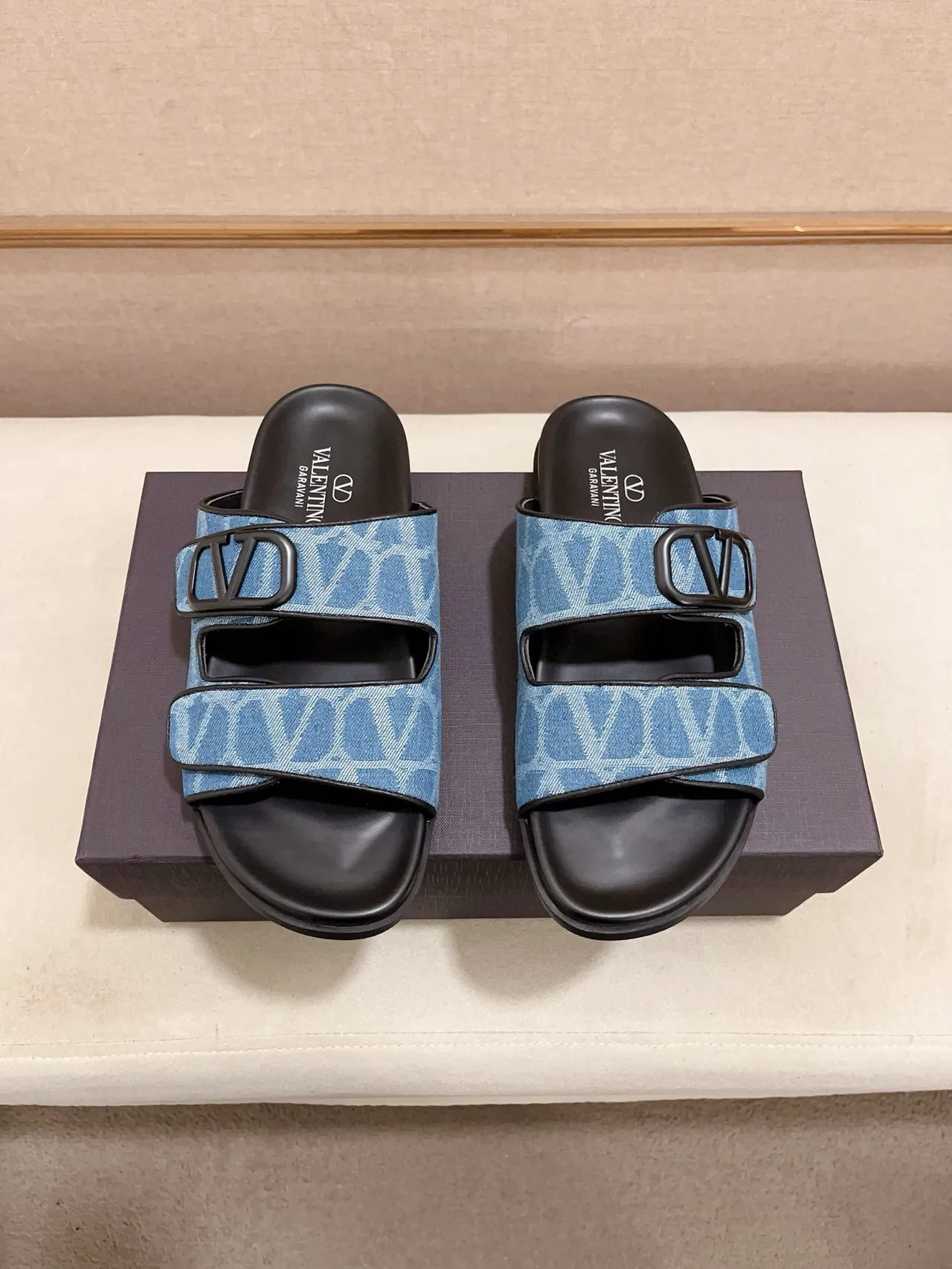 Valentino VLogo Slide Zapatillas Monogram Azul de Correa Doble 8