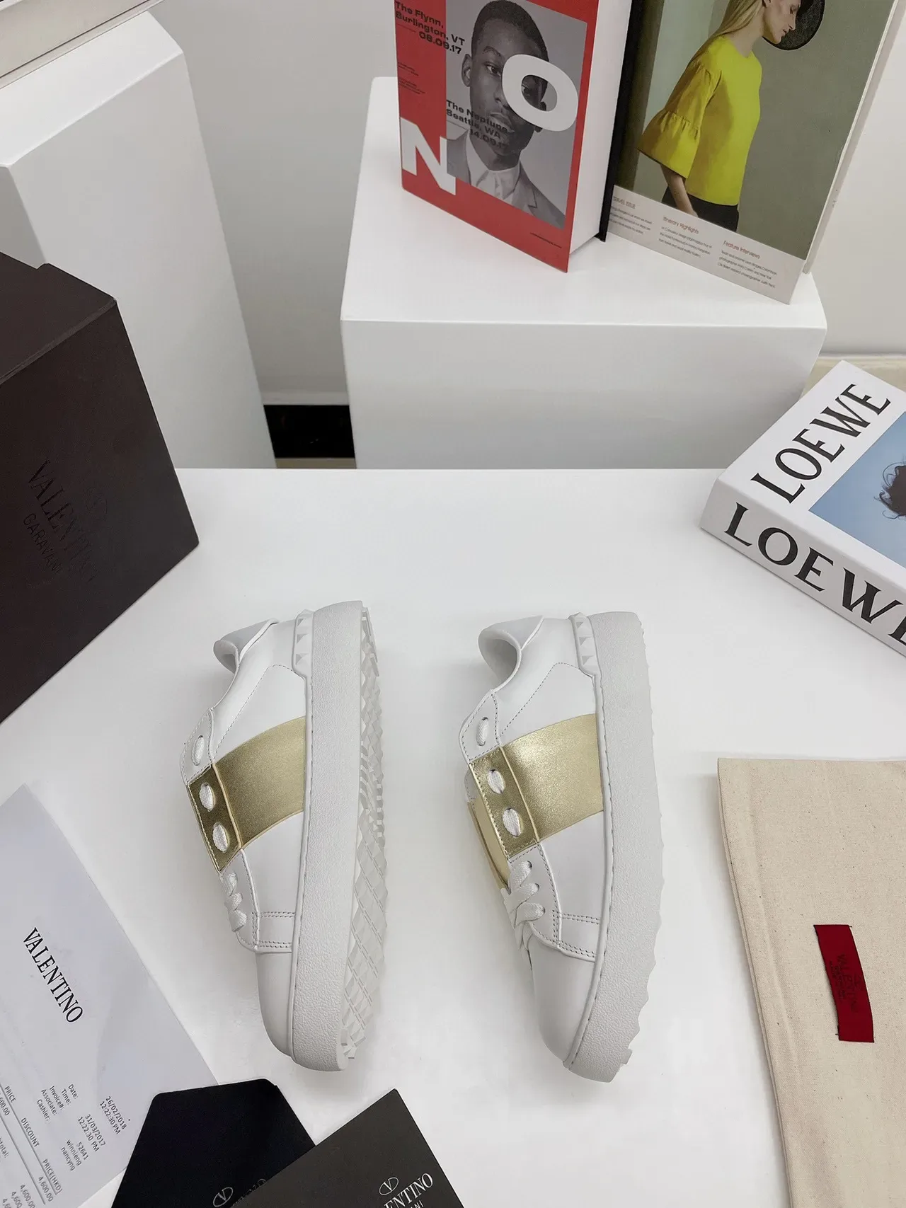 Valentino White Gold Leather Metallic Strap Lifestyle Sneakers 4