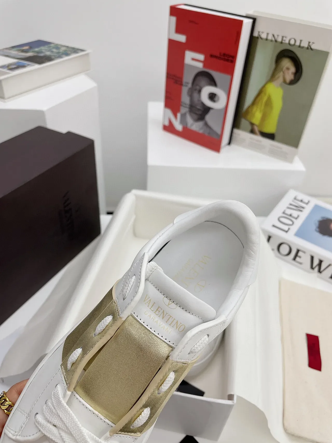 Valentino White Gold Leather Metallic Strap Lifestyle Sneakers 5