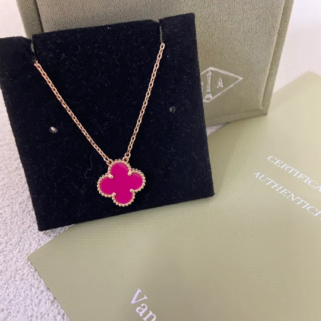 Van Cleef & Arpels Alhambra Magenta Enamel Four-Leaf Clover Pendant Necklaces 2
