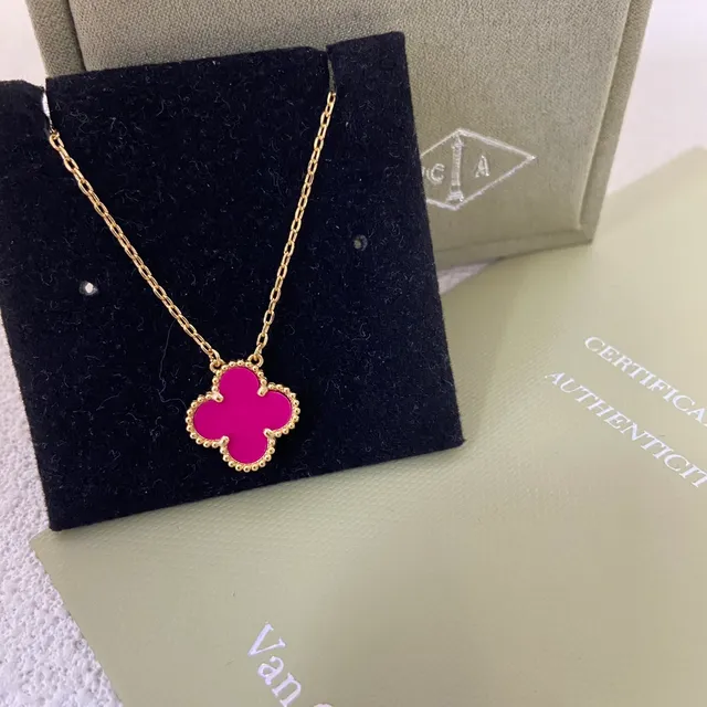 Van Cleef & Arpels Alhambra Magenta Enamel Four-Leaf Clover Pendant Necklaces 3
