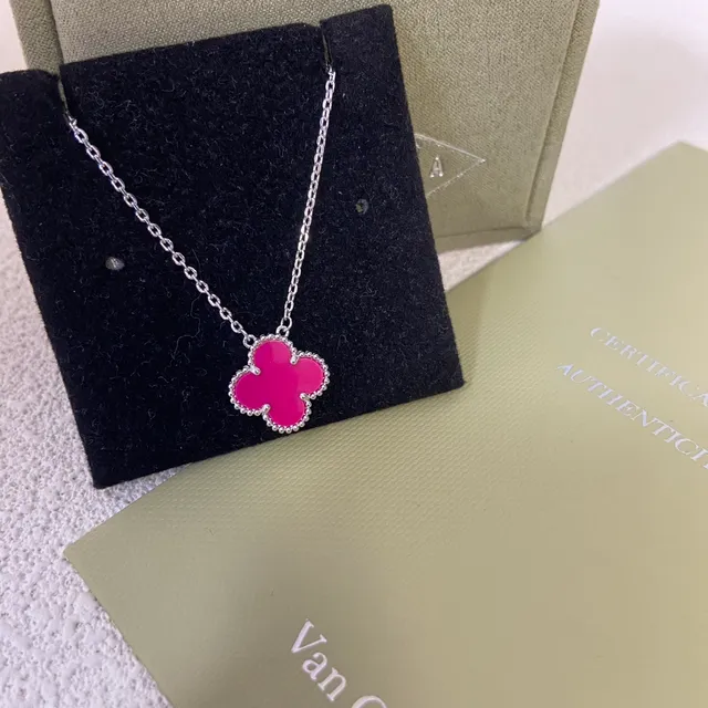 Van Cleef & Arpels Alhambra Magenta Enamel Four-Leaf Clover Pendant Necklaces 4