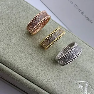 Van Cleef & Arpels Gold Silver Multi-Row Pavé-Set Beaded Edges Ring
