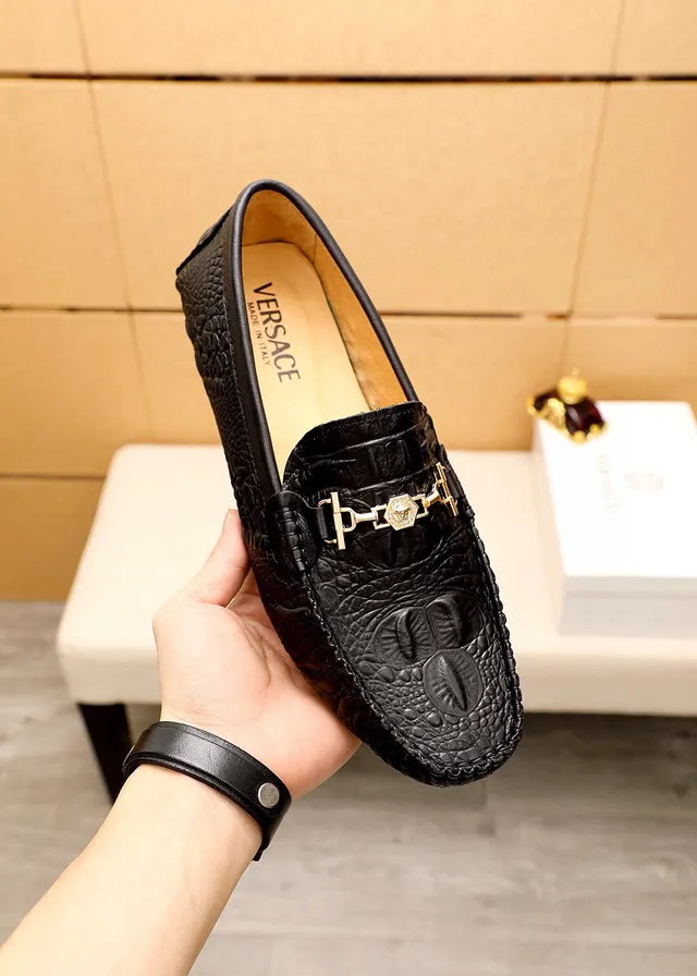Versace Black Gold Crocodile-Embossed Leather Horsebit Buckle Loafer 7