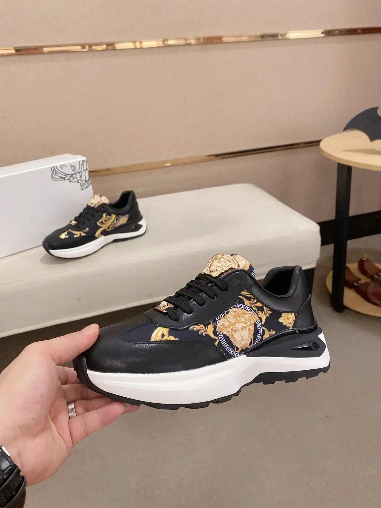 Versace Black Gold Medusa-Print Side Panel Hardware Lifestyle Sneakers 3