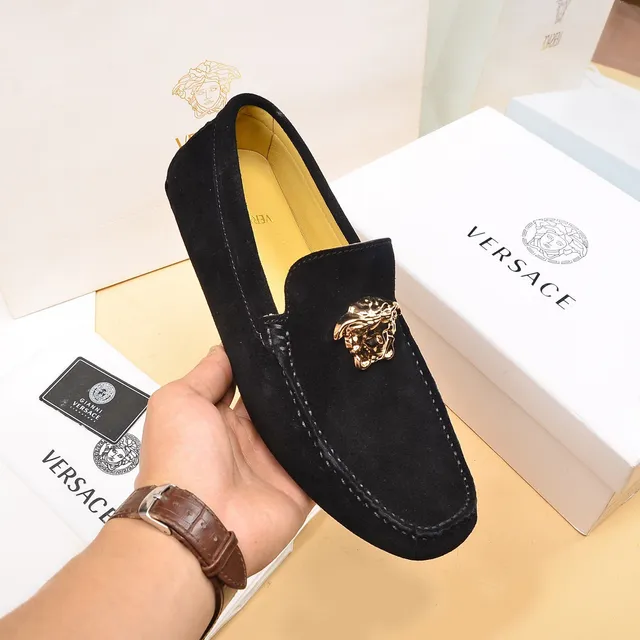 Versace Black Gold Suede Medusa Head Hardware Loafer 7