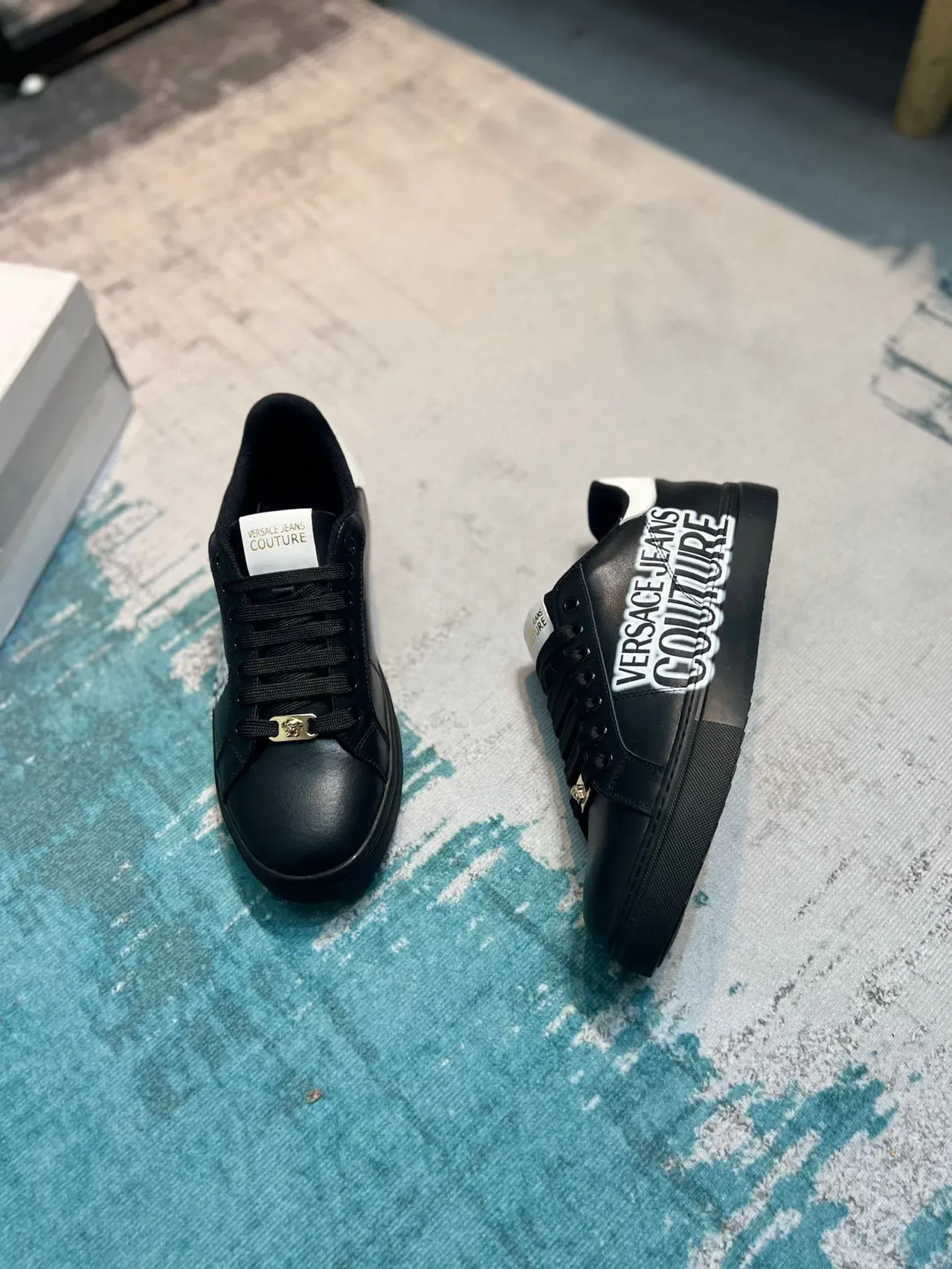 Versace Black White Leather Upper Bold Side Logo Print Lifestyle Sneakers 4