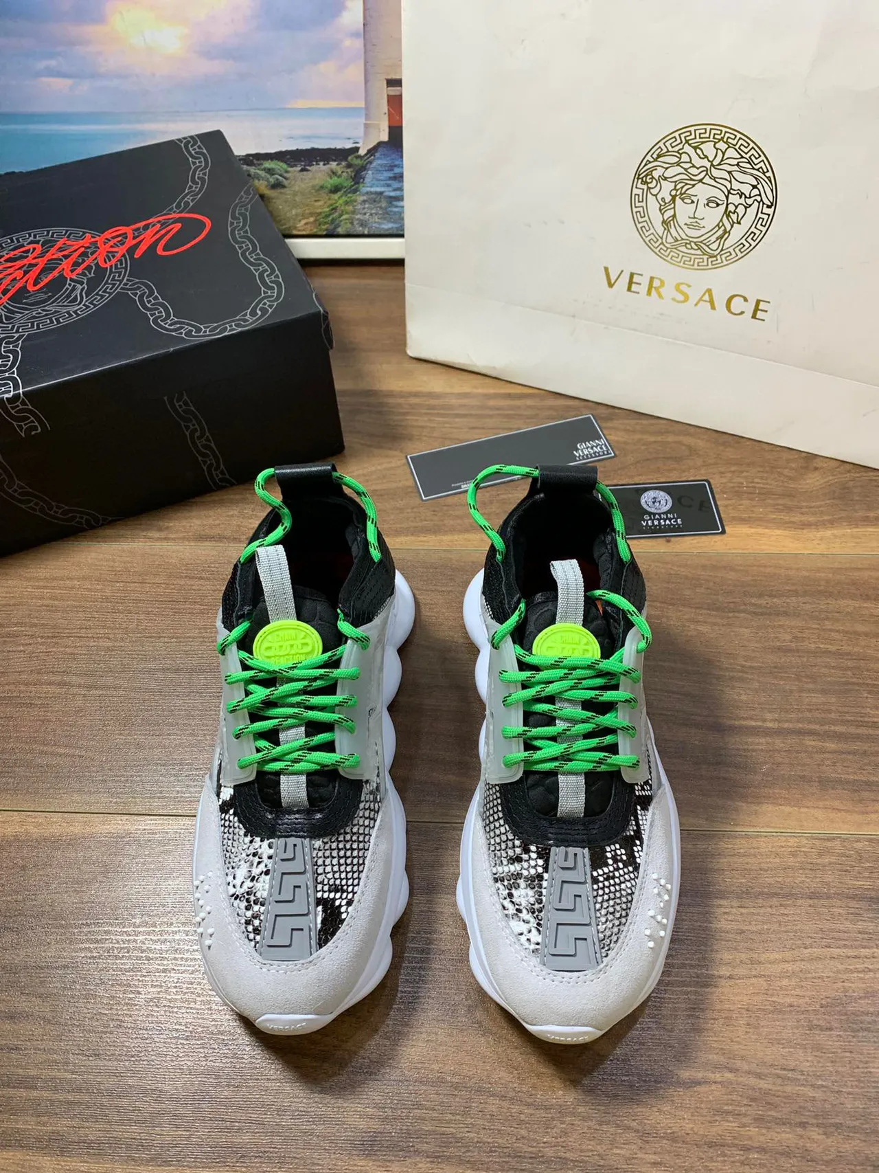 Versace Chain Reaction 米色 灰色 霓虹绿 厚底运动鞋 9