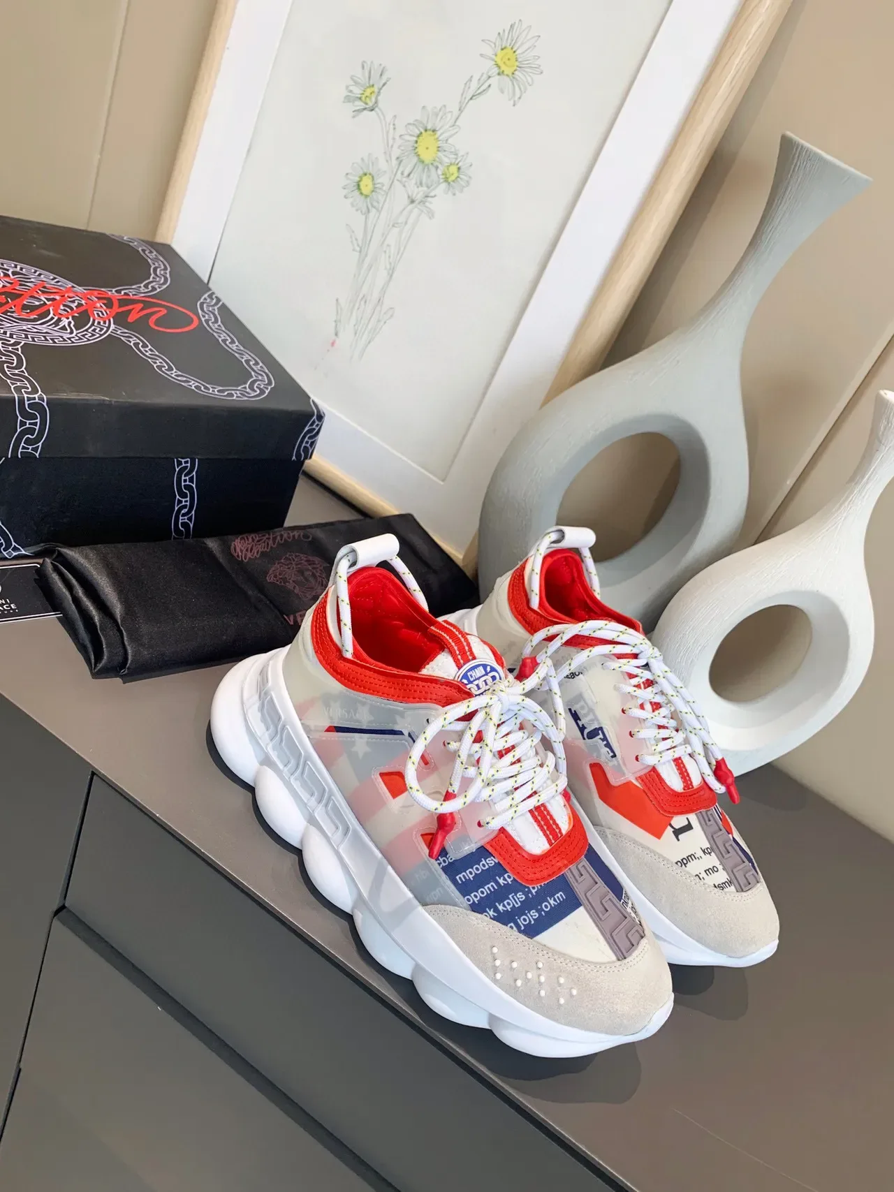 Versace Chain Reaction Beige Red Blue Patchwork Chunky Sneakers 8