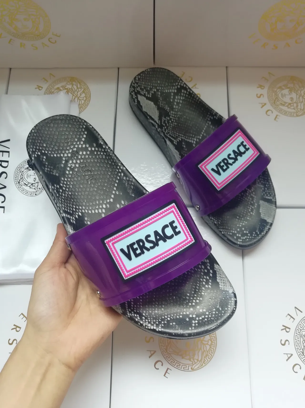 Versace Chain Reaction Snakeskin Print Purple Strap Slippers 2