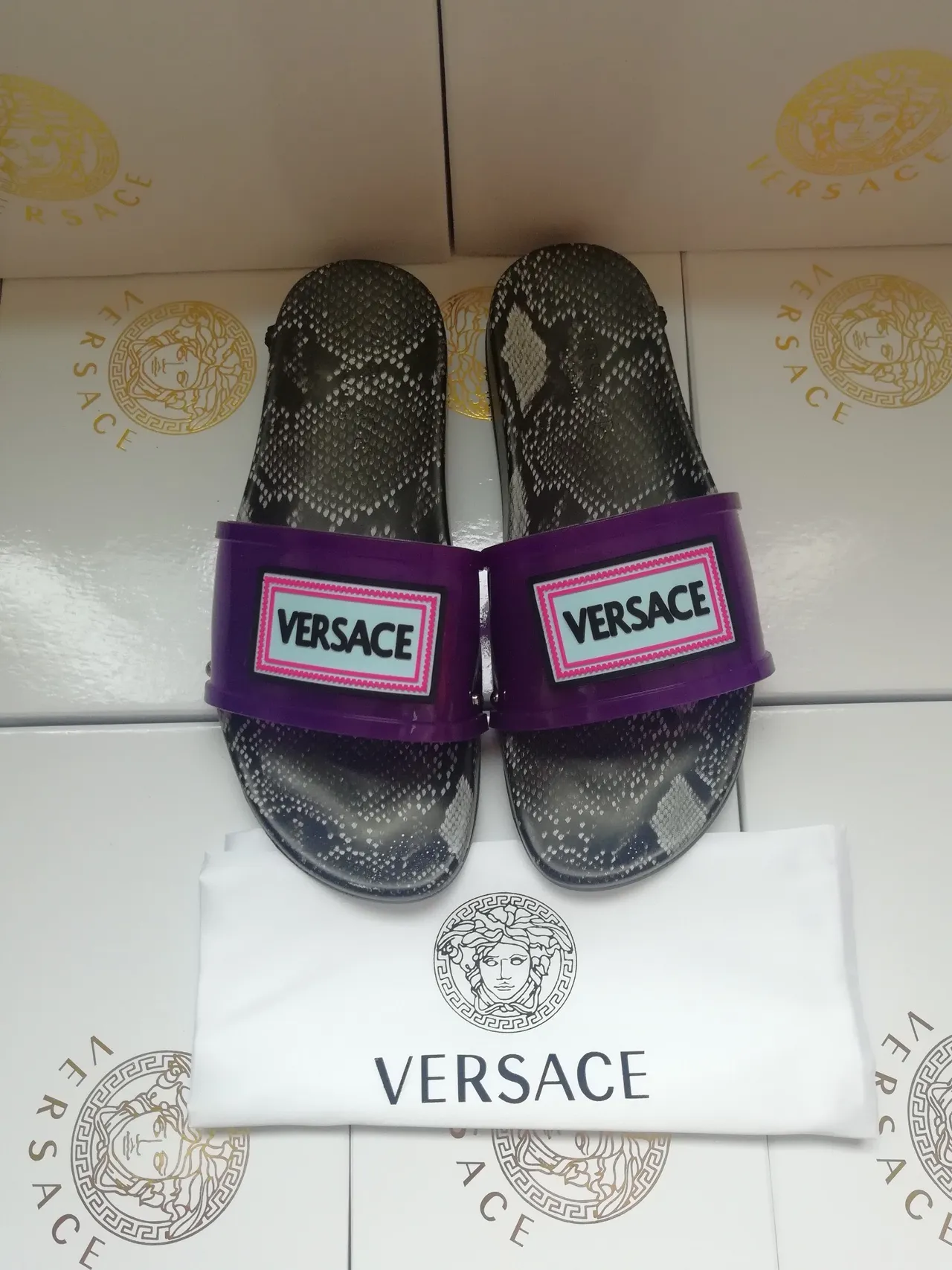 Versace Chain Reaction Snakeskin Print Purple Strap Slippers 3