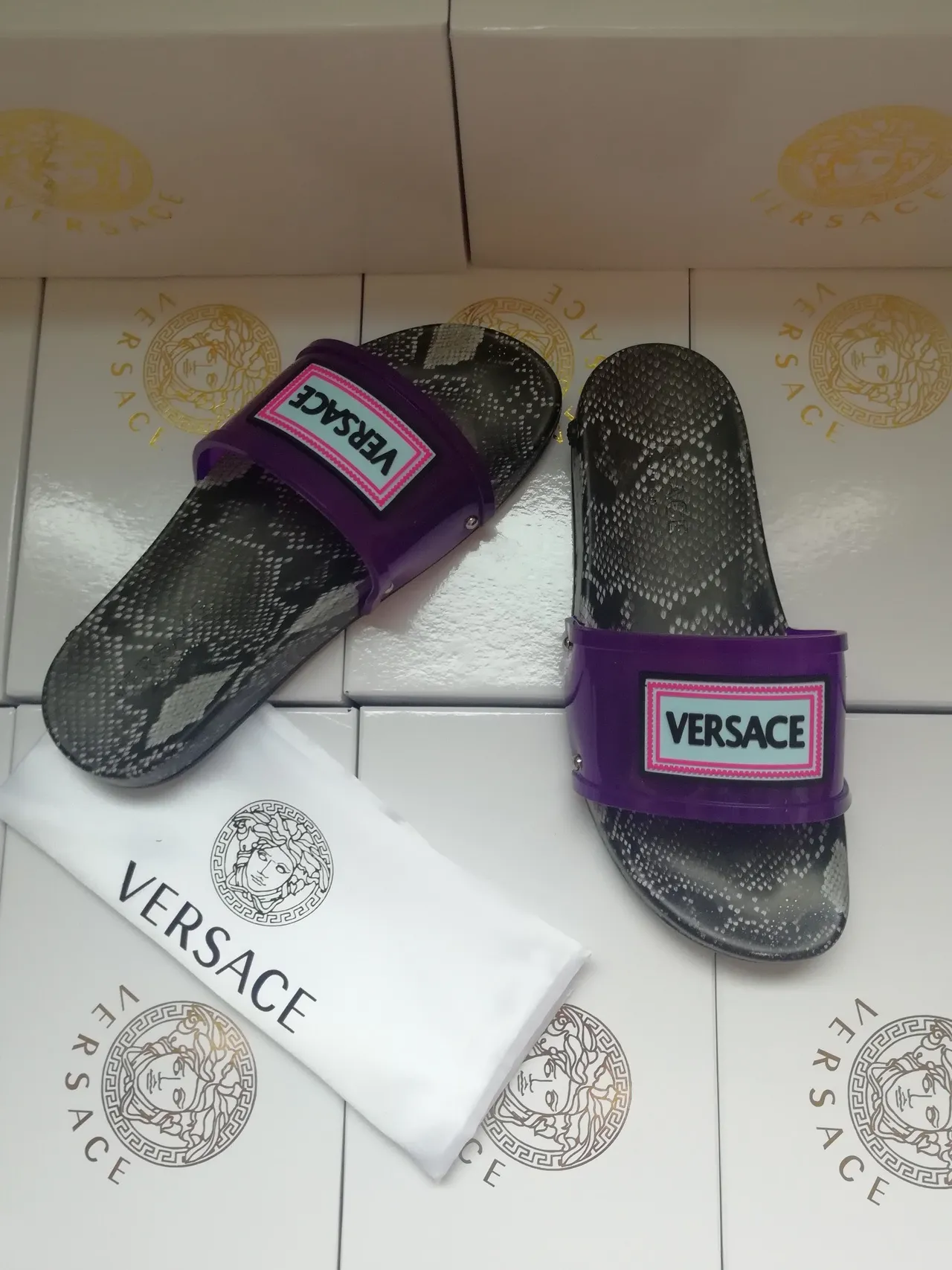 Versace Chain Reaction Snakeskin Print Purple Strap Slippers 4