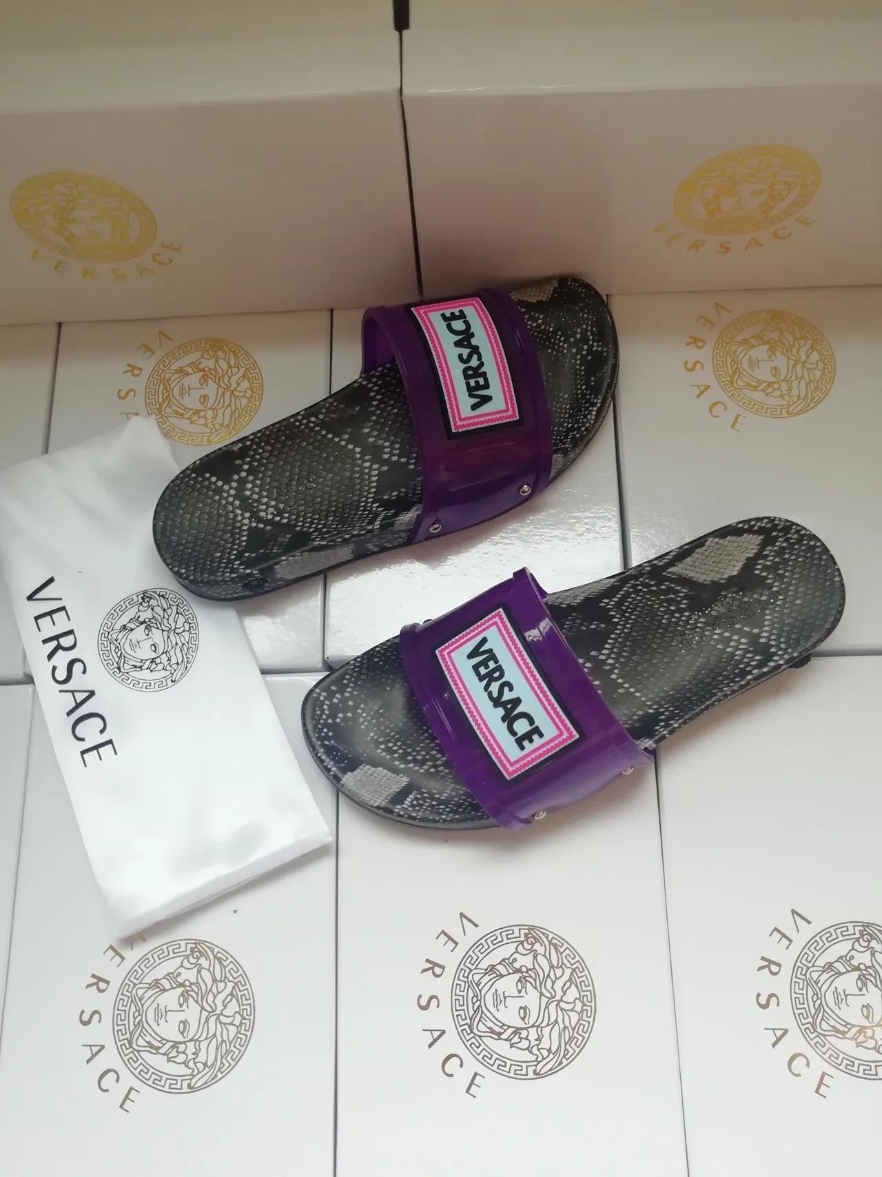 Versace Chain Reaction Snakeskin Print Purple Strap Slippers 5