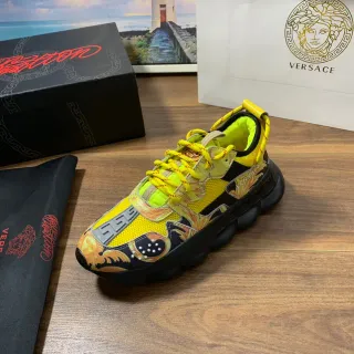 Versace Chain Reaction Sola Amarela Preta Impressão Gráfica Barroca Tênis Chunky