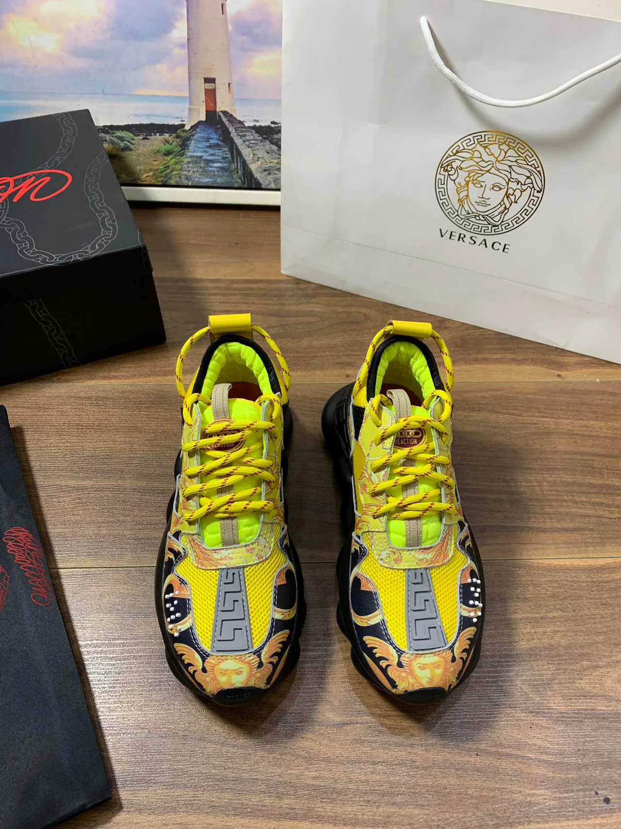 Versace Chain Reaction Semelle Jaune Noir Impression Graphique Baroque Sneakers Chunky 9