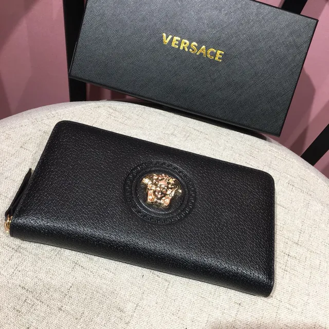 Versace Medusa Collection Black Pebbled Leather Long Wallet 8