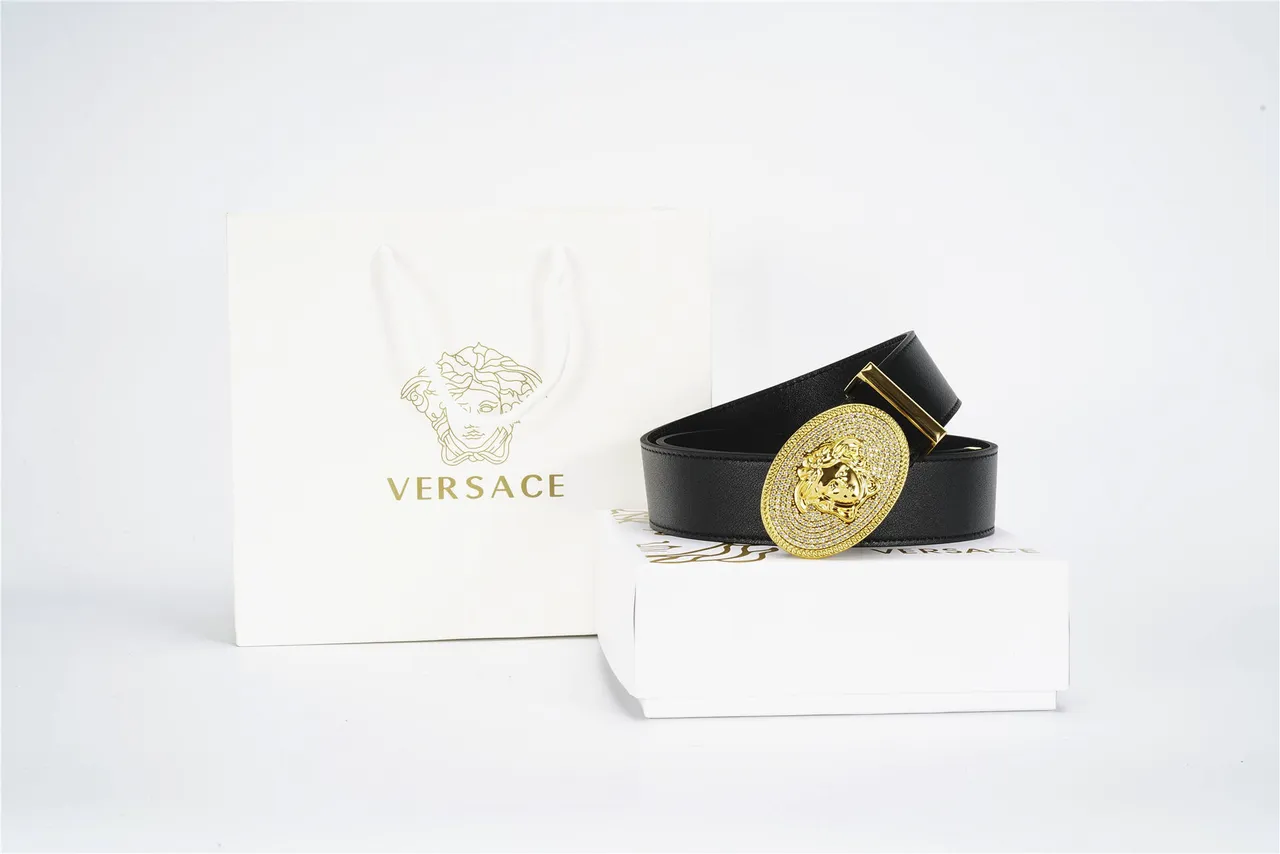 Versace Medusa Crystal-Embellished Gold Oval Buckle Leather Belt 4