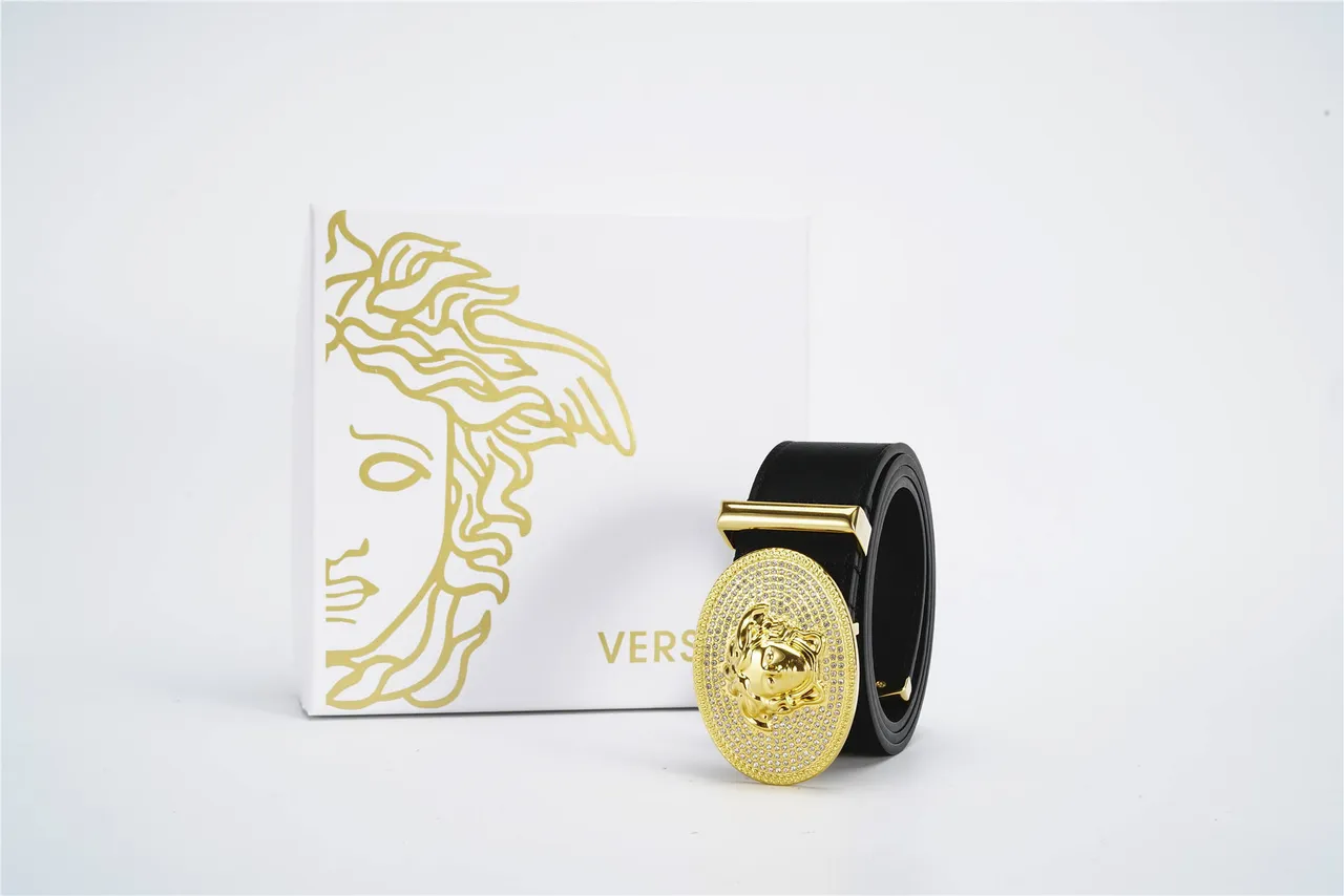 Versace Medusa Crystal-Embellished Gold Oval Buckle Leather Belt 5
