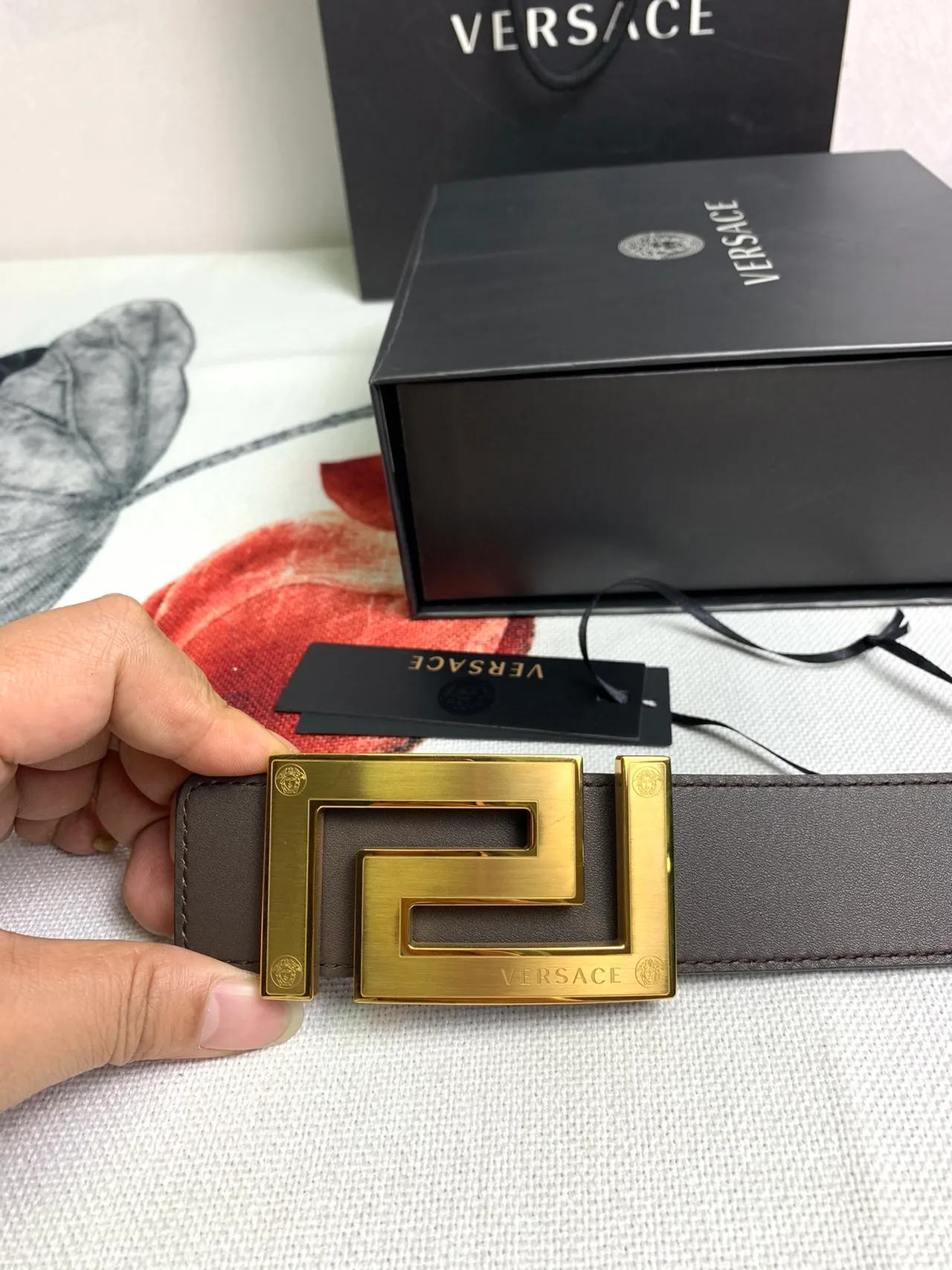 Versace Odissea Black Gold Smooth Geometric Greca Buckle Leather Belt 3