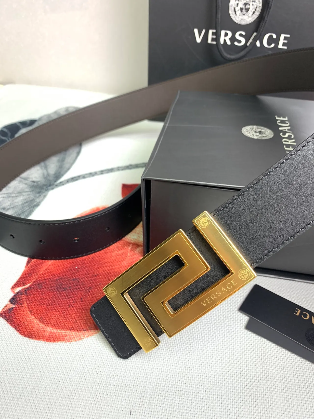 Versace Odissea Black Gold Smooth Geometric Greca Buckle Leather Belt 5