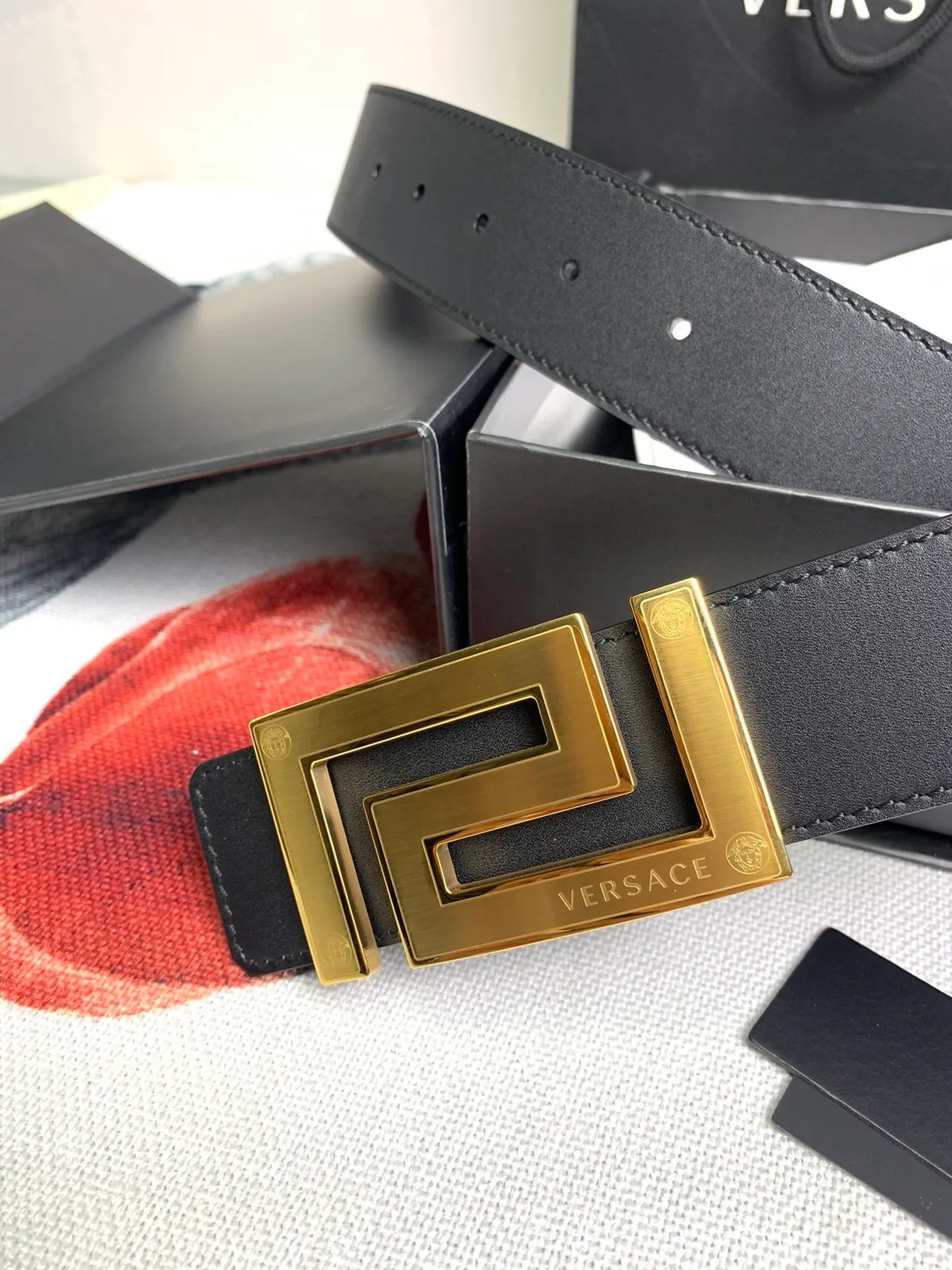 Versace Odissea Black Gold Smooth Geometric Greca Buckle Leather Belt 6