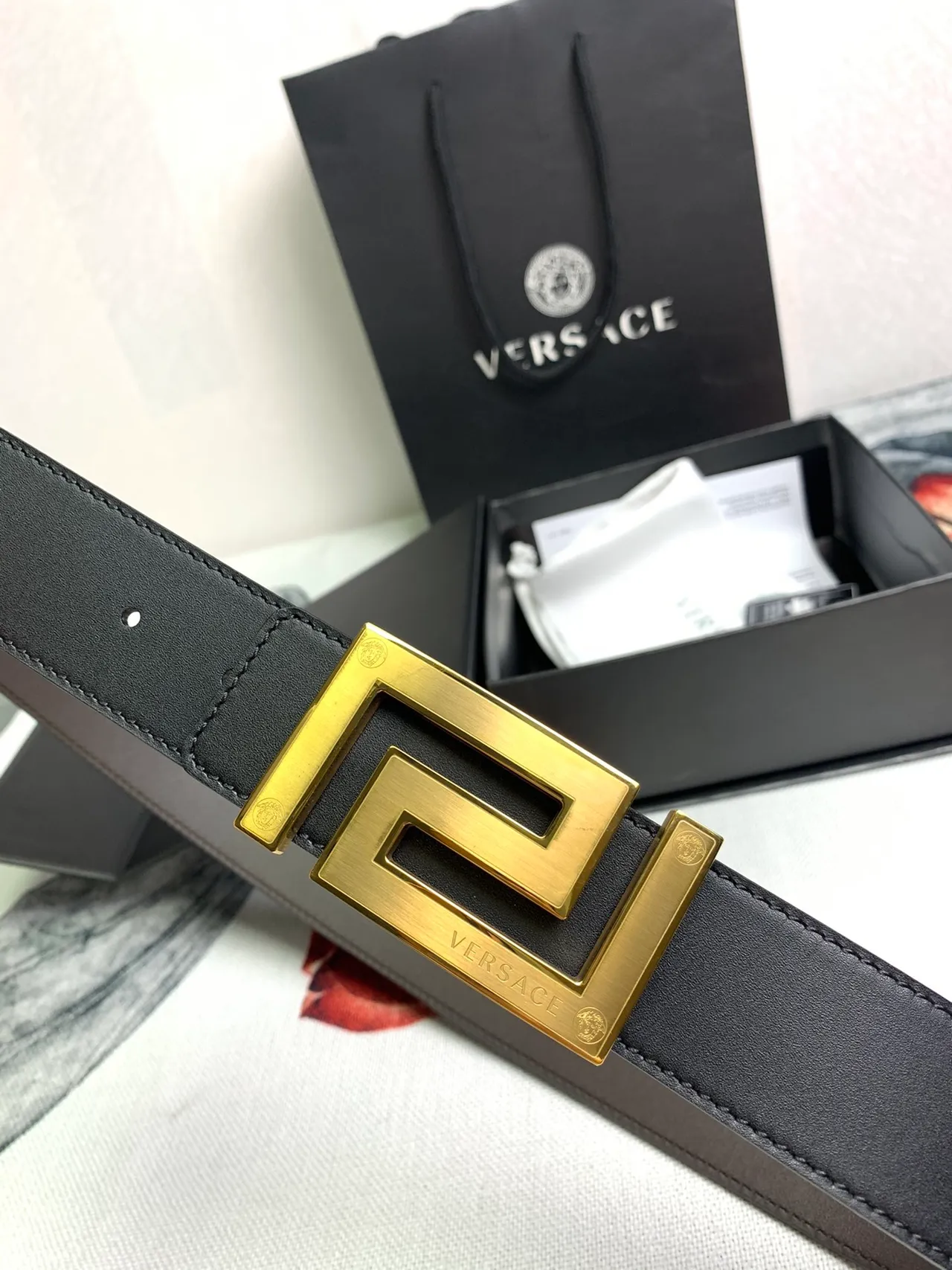 Versace Odissea Black Gold Smooth Geometric Greca Buckle Leather Belt 7
