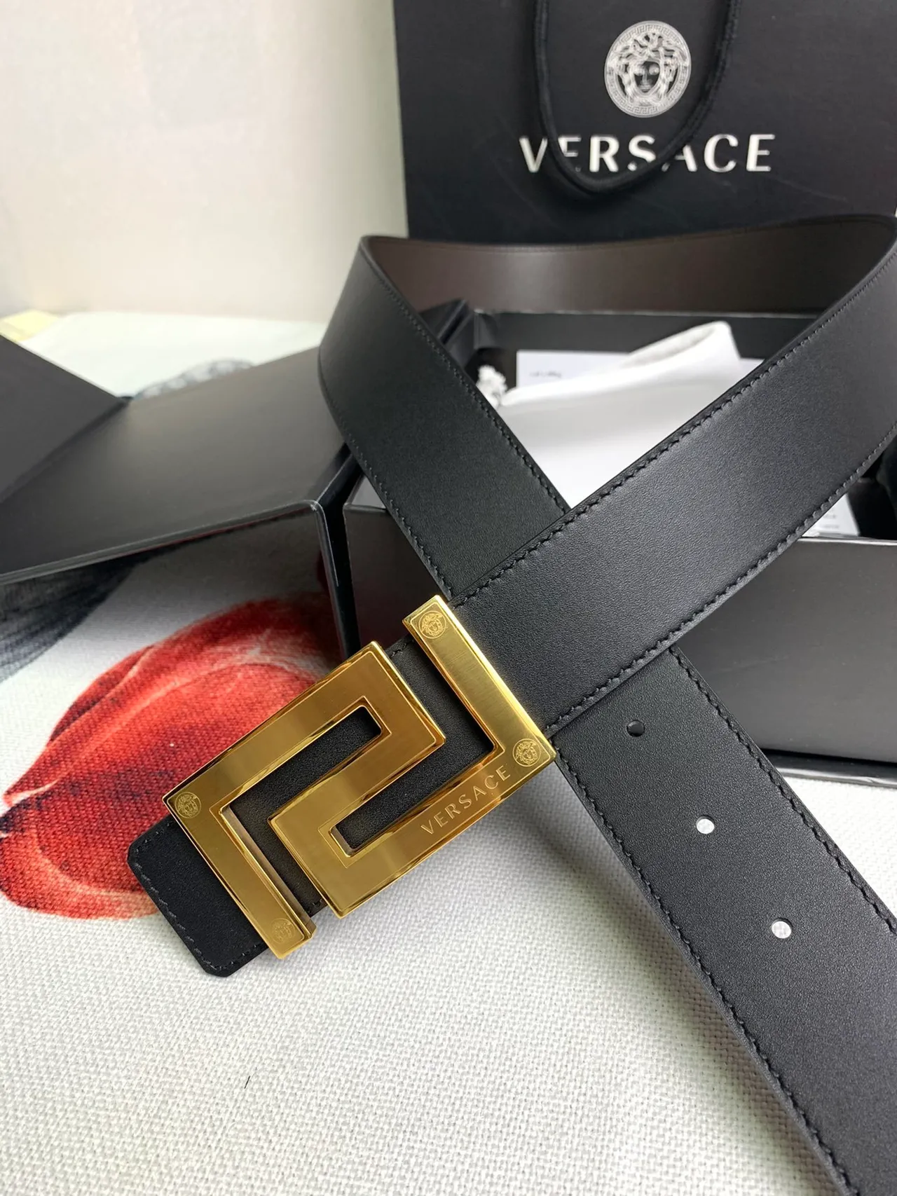 Versace Odissea Black Gold Smooth Geometric Greca Buckle Leather Belt 8