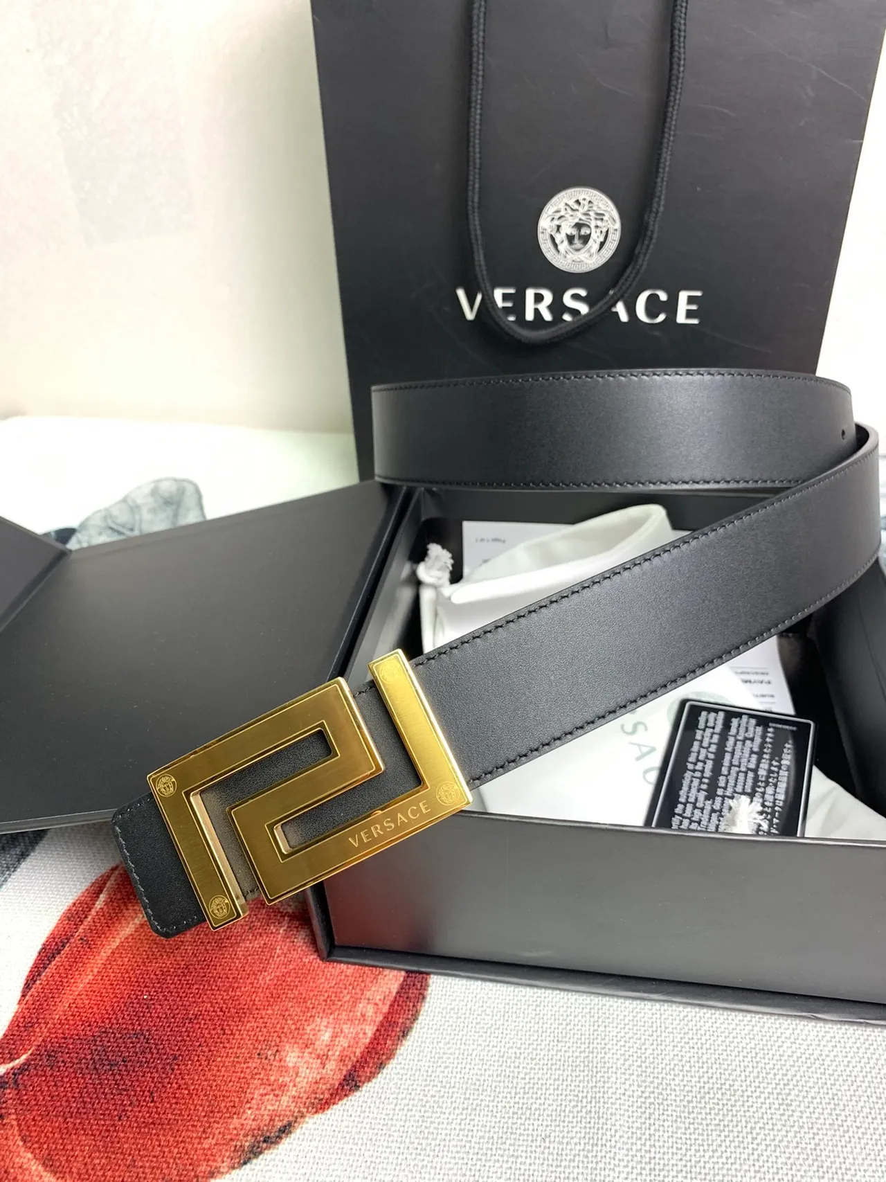 Versace Odissea Black Gold Smooth Geometric Greca Buckle Leather Belt 9