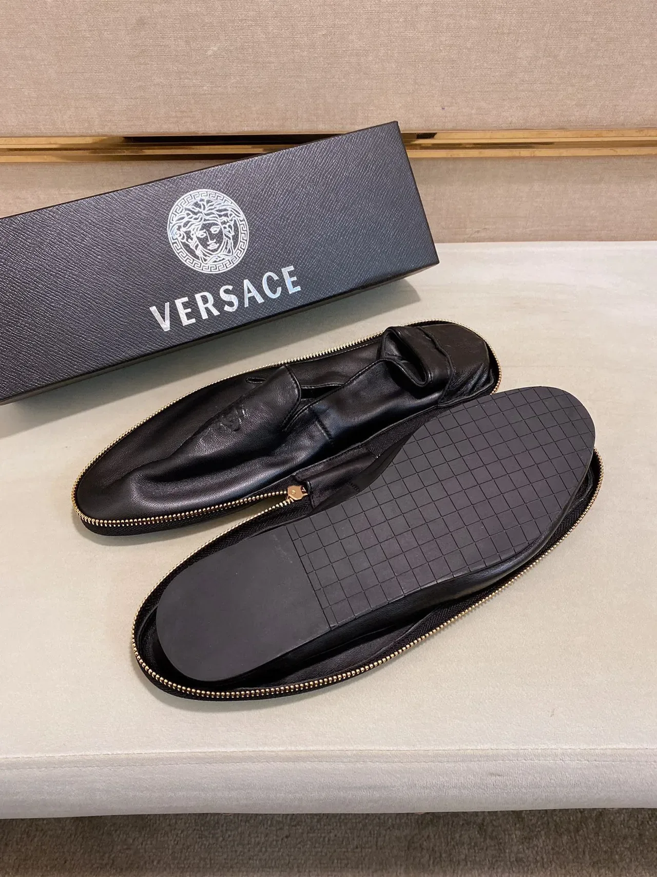Versace Zippered Loafer Black Gold Embossed Medusa Loafer 2