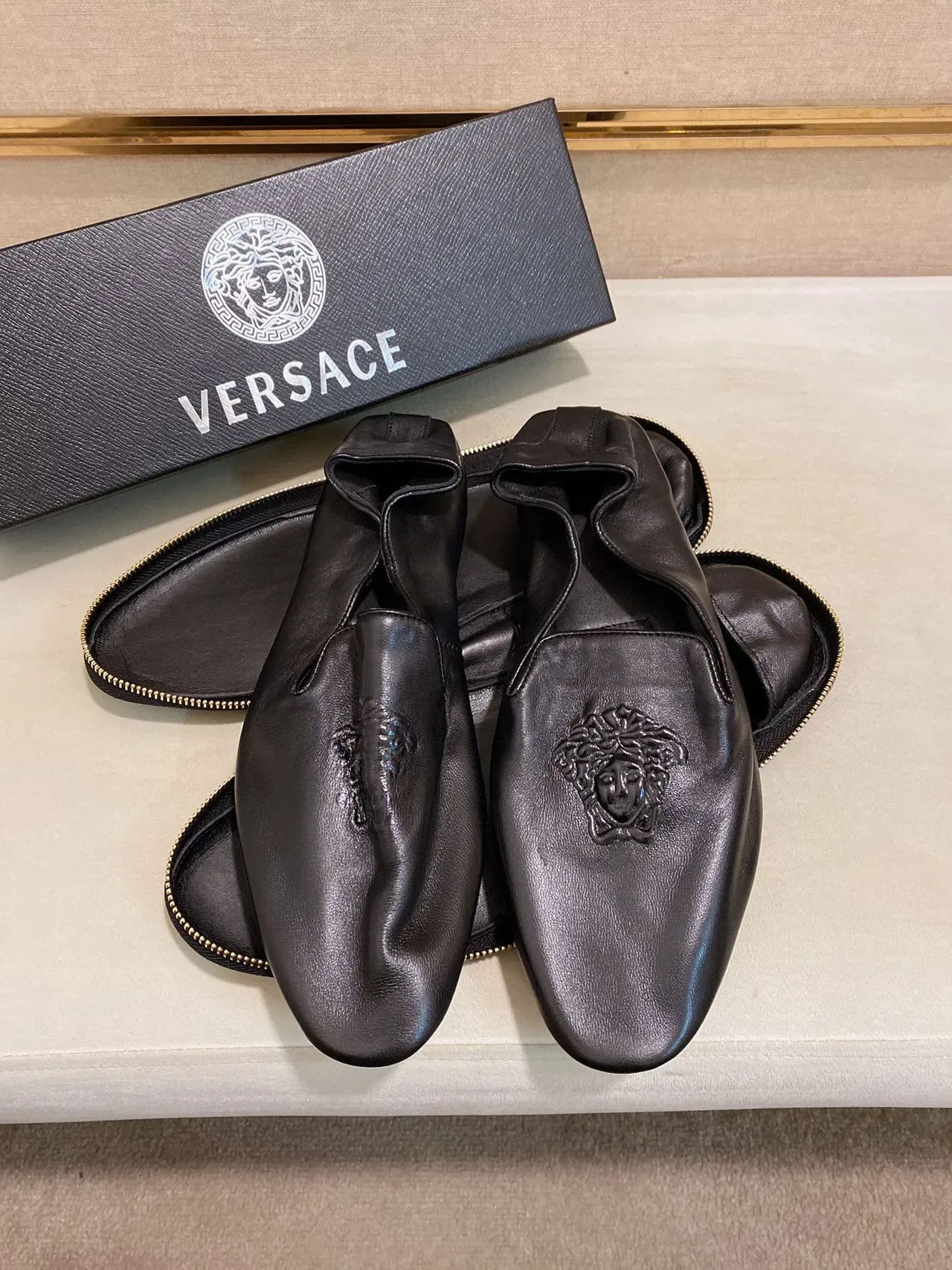 Versace Zippered Loafer Black Gold Embossed Medusa Loafer 6