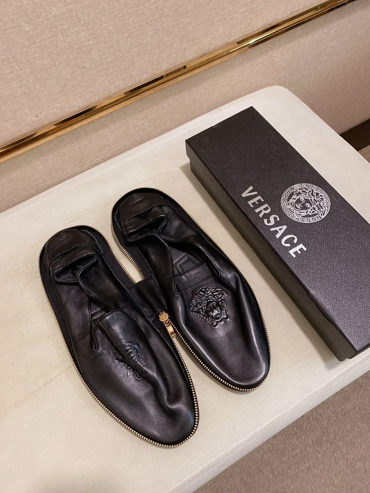 Versace Zippered Loafer Black Gold Embossed Medusa Loafer 7