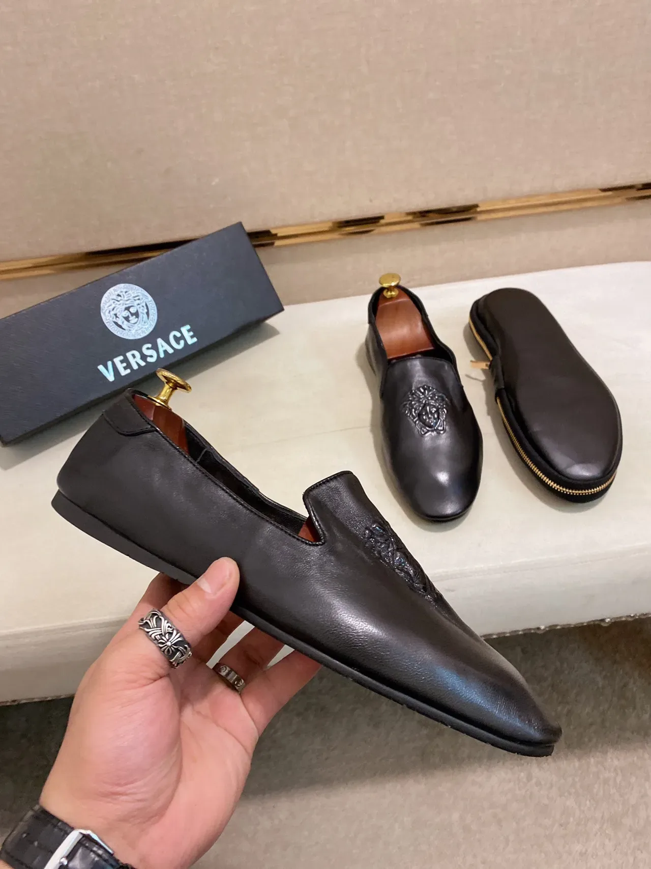 Versace Zippered Loafer Black Gold Embossed Medusa Loafer 8
