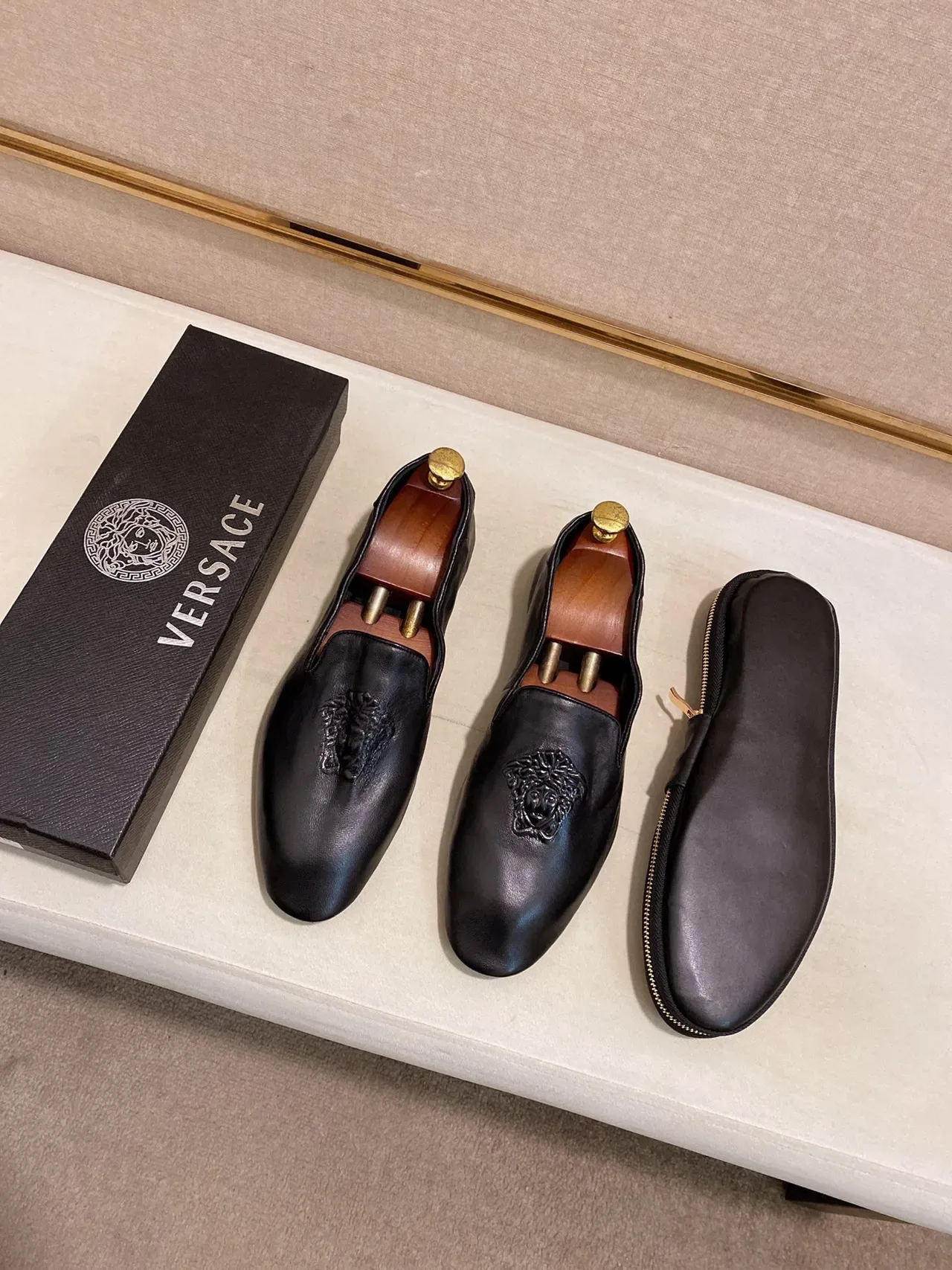 Versace Zippered Loafer Black Gold Embossed Medusa Loafer 9