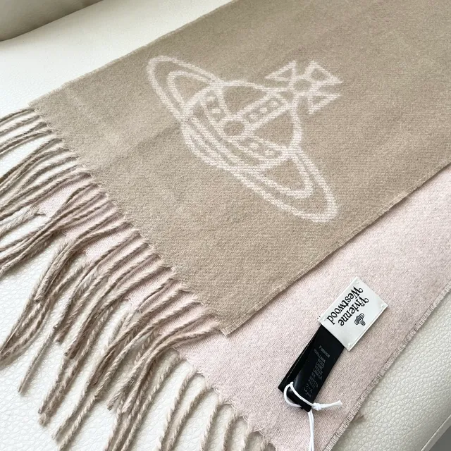 Vivienne Westwood Orb Logo Cachecol Bege Duplo Lado Franja Cachemira Cachecol 3