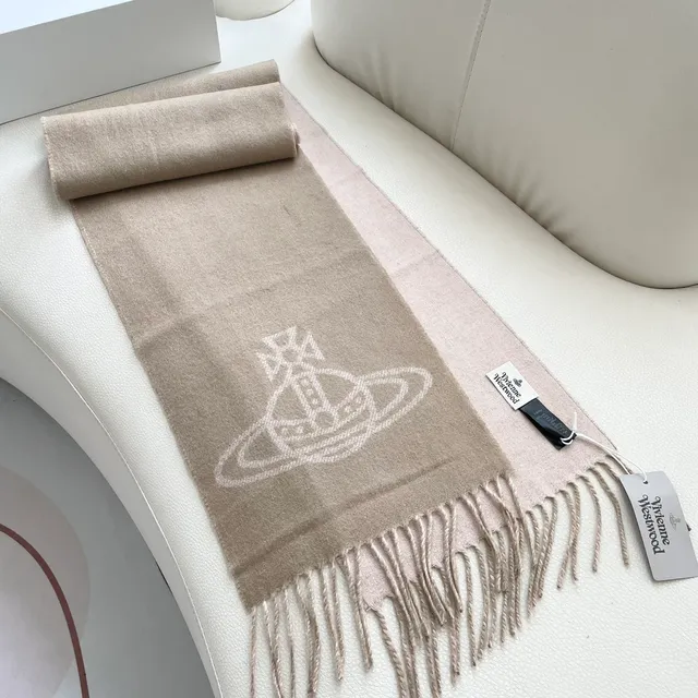Vivienne Westwood Orb Logo Cachecol Bege Duplo Lado Franja Cachemira Cachecol 5