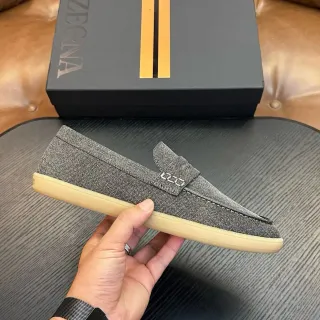 Zegna ग्रे बेज हेडर्ड फेब्रिक अपर गम रबर सोल लोफर