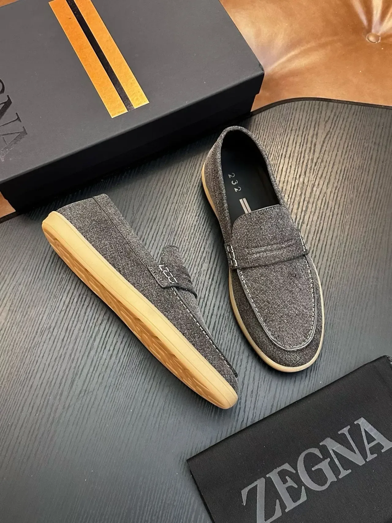 Zegna Gray Beige Heathered Fabric Upper Gum Rubber Sole Loafer 5
