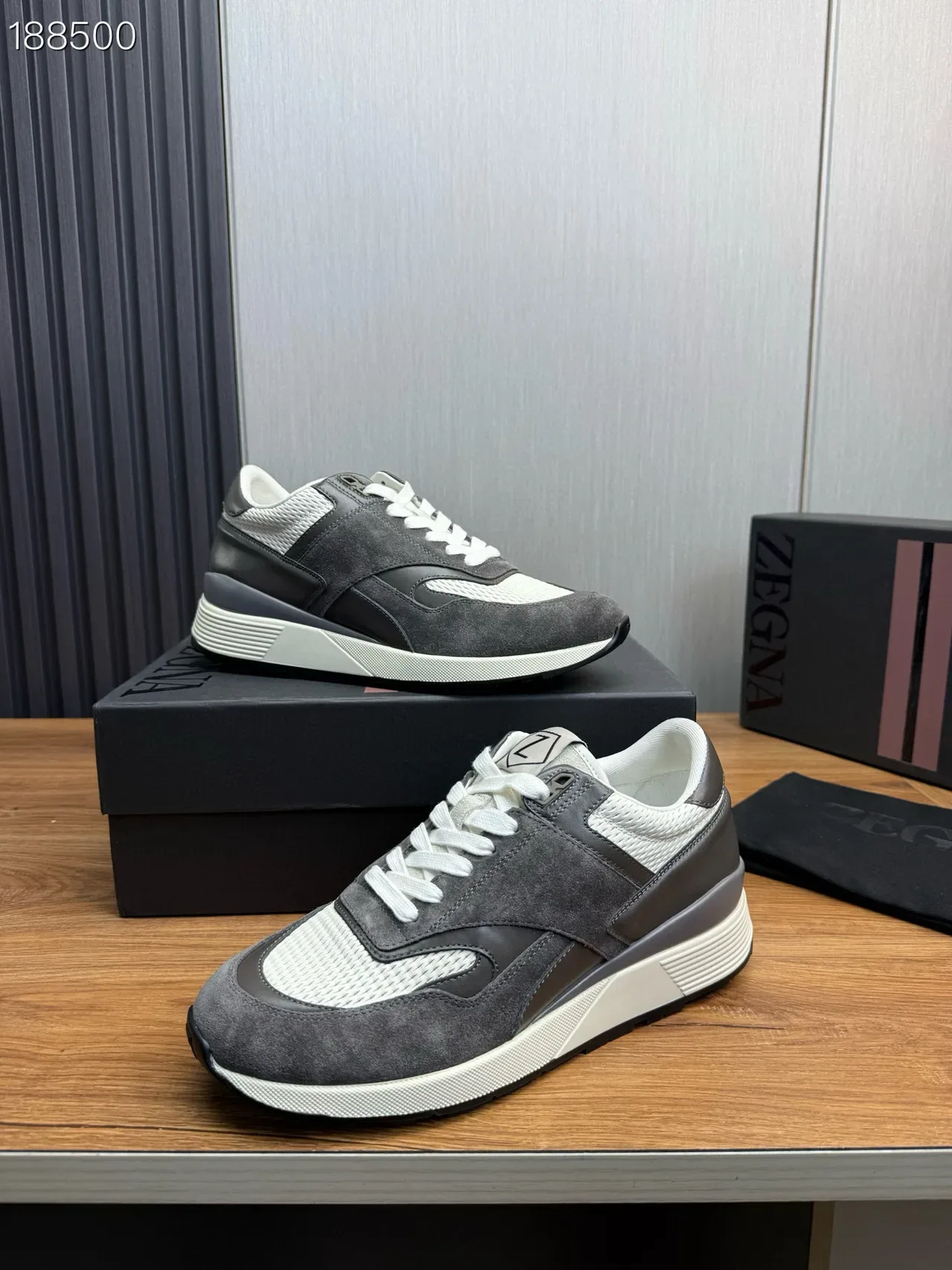 Zegna sneakers lifestyle gris blanc en matériau mixte avec panneaux de daim et de maille 6