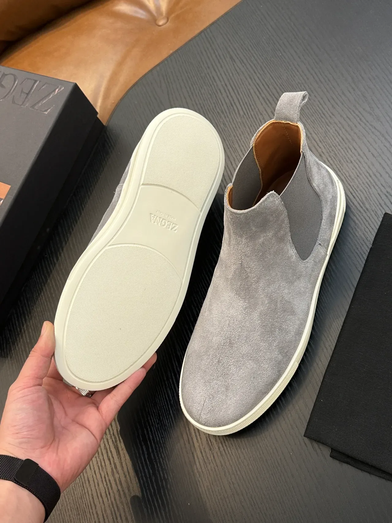 Zegna Gray White Suede Upper Elastic Side Gussets Chelsea Boots 2