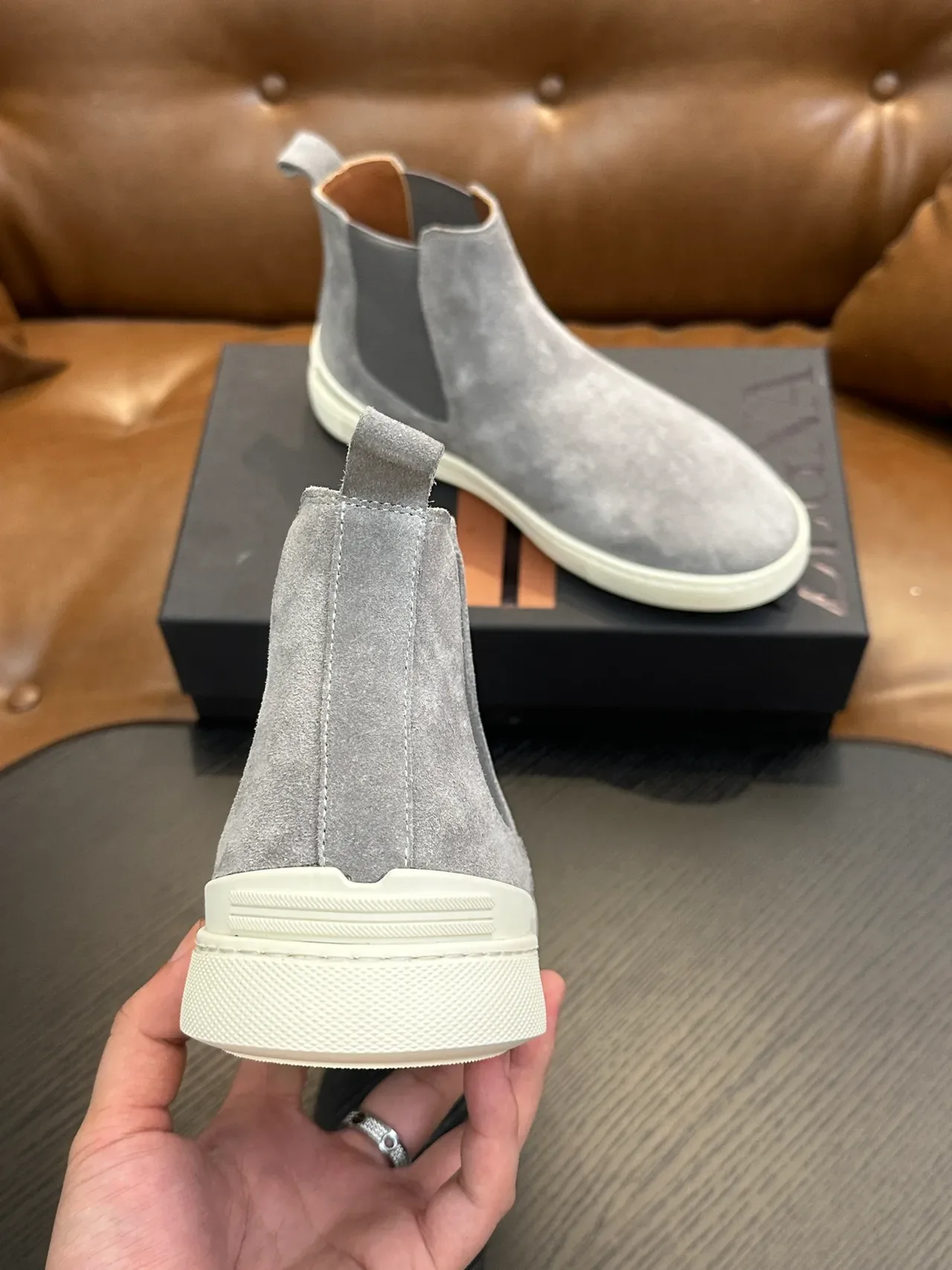 Zegna Gray White Suede Upper Elastic Side Gussets Chelsea Boots 3