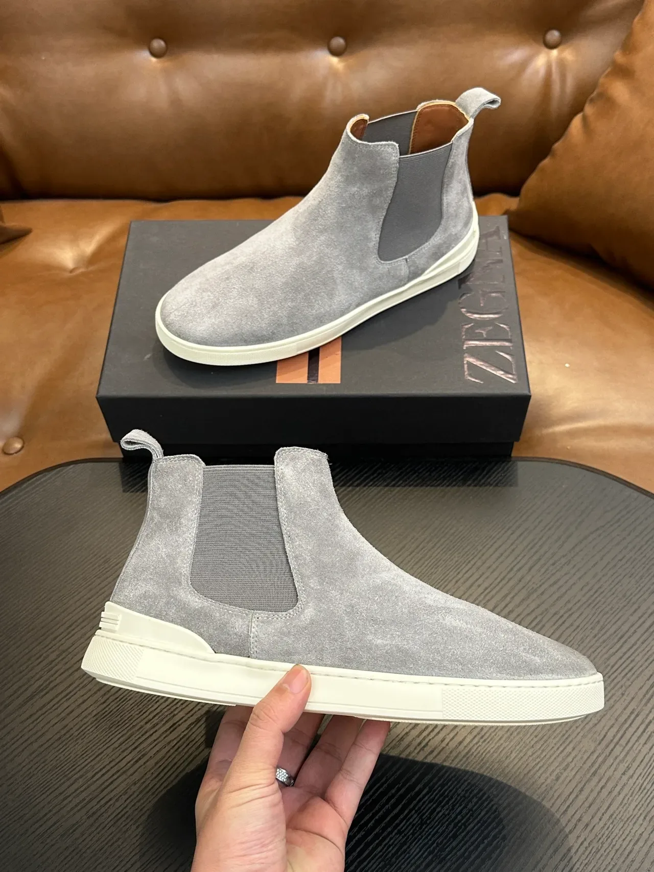 Zegna Gray White Suede Upper Elastic Side Gussets Chelsea Boots 4
